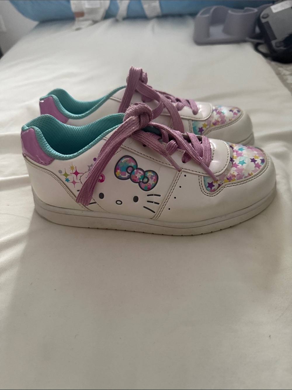 Hello Kitty White Sneakers with Purple Laces and Teal Lining